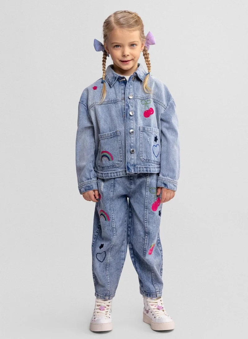 MINOTI Girls barrel shape jeans blue denim embroidered detail